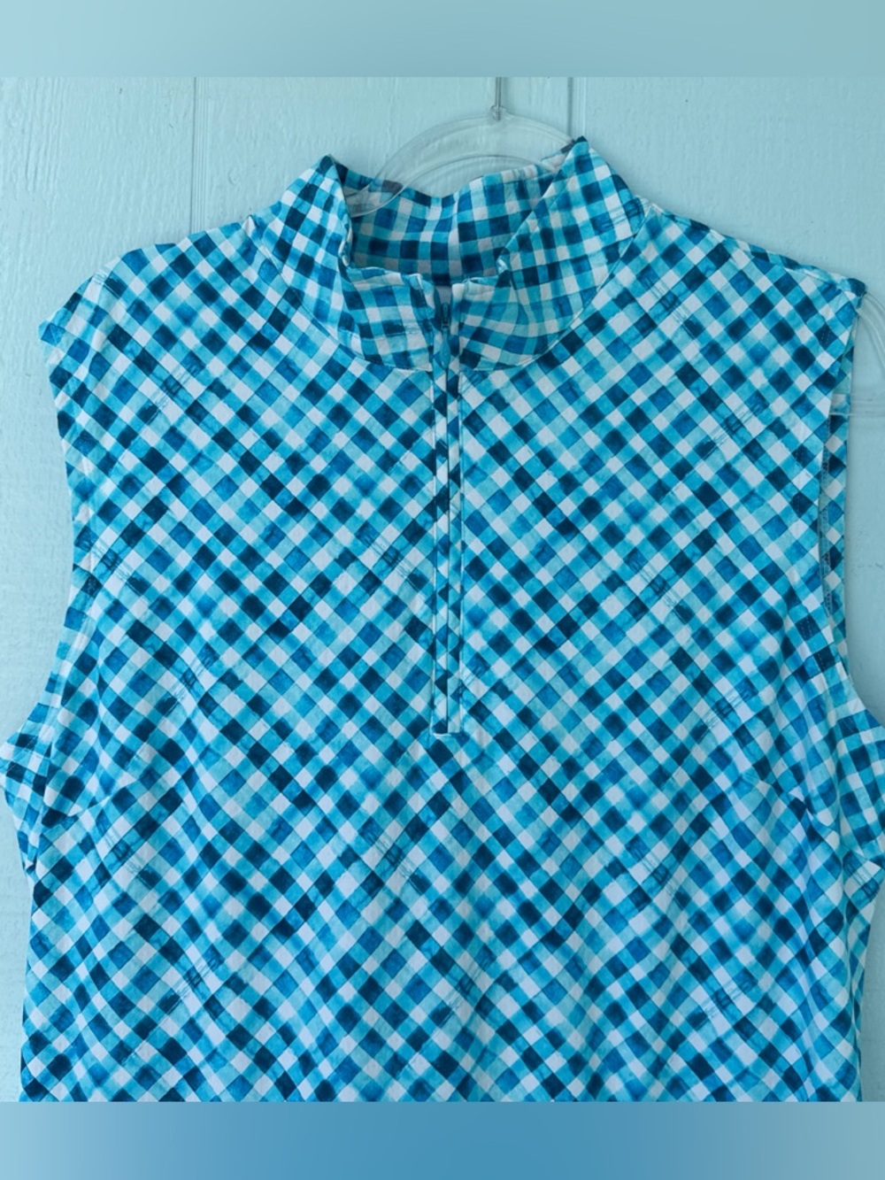 IBKUL Blue and White Gingham Zip-Neck Midi Dress